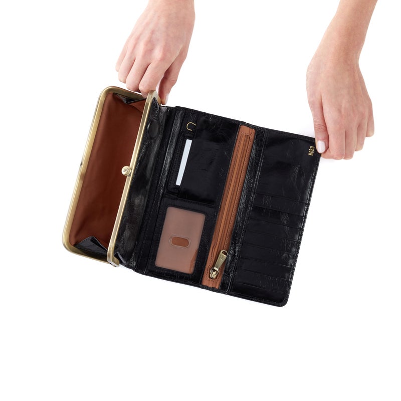 HOBO Rachel Leather Trifold Continental Wallet has a Vintage-Inspired Aesthetic, Frame Closure, Money Slot, Card Organizer, Slip Pocket, and Small Mirror, Black - Image 2